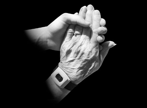 Die Hand eines jungen Menschen hält die Hand eines alten Menschen
