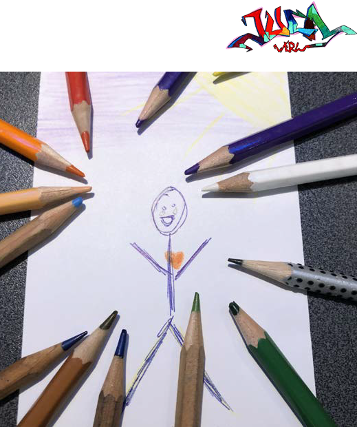 Stifte mit gemaltem Bild eines Strichmännchens und JuCa-Werl-Logo